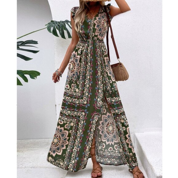 Boho Floral Print Flutter Sleeve Slit Thigh Dress - Picture 1 of 8